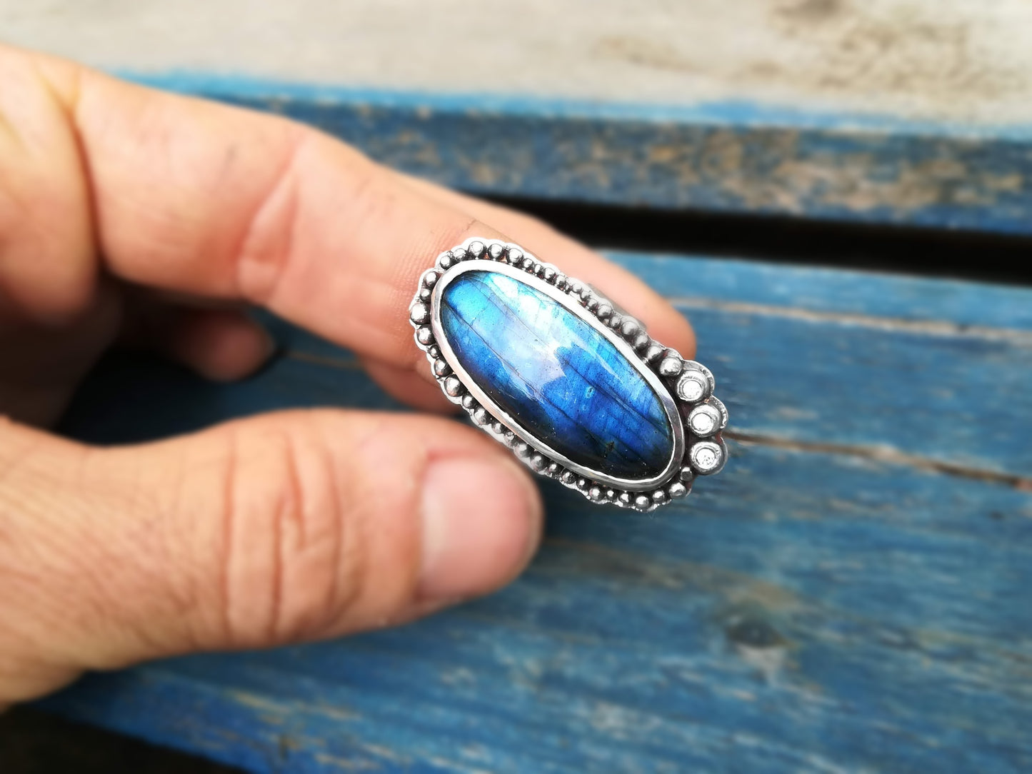 Anillo de Labradorita y Circonitas en Plata de Ley | Hecho a Mano Talla 17 - ArenasJewelry