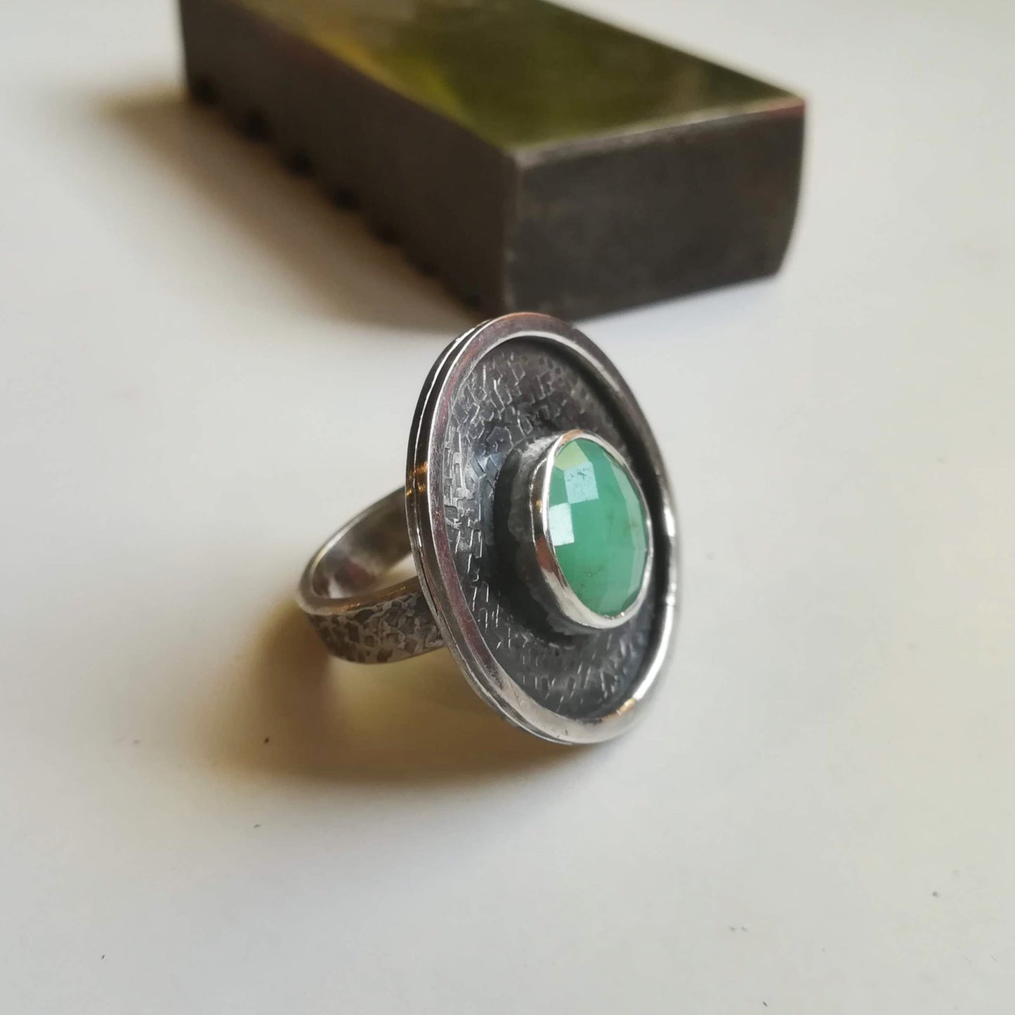 Anillo Grande de Plata de Ley y Gema Crisoprasa nº 15 - ArenasJewelry