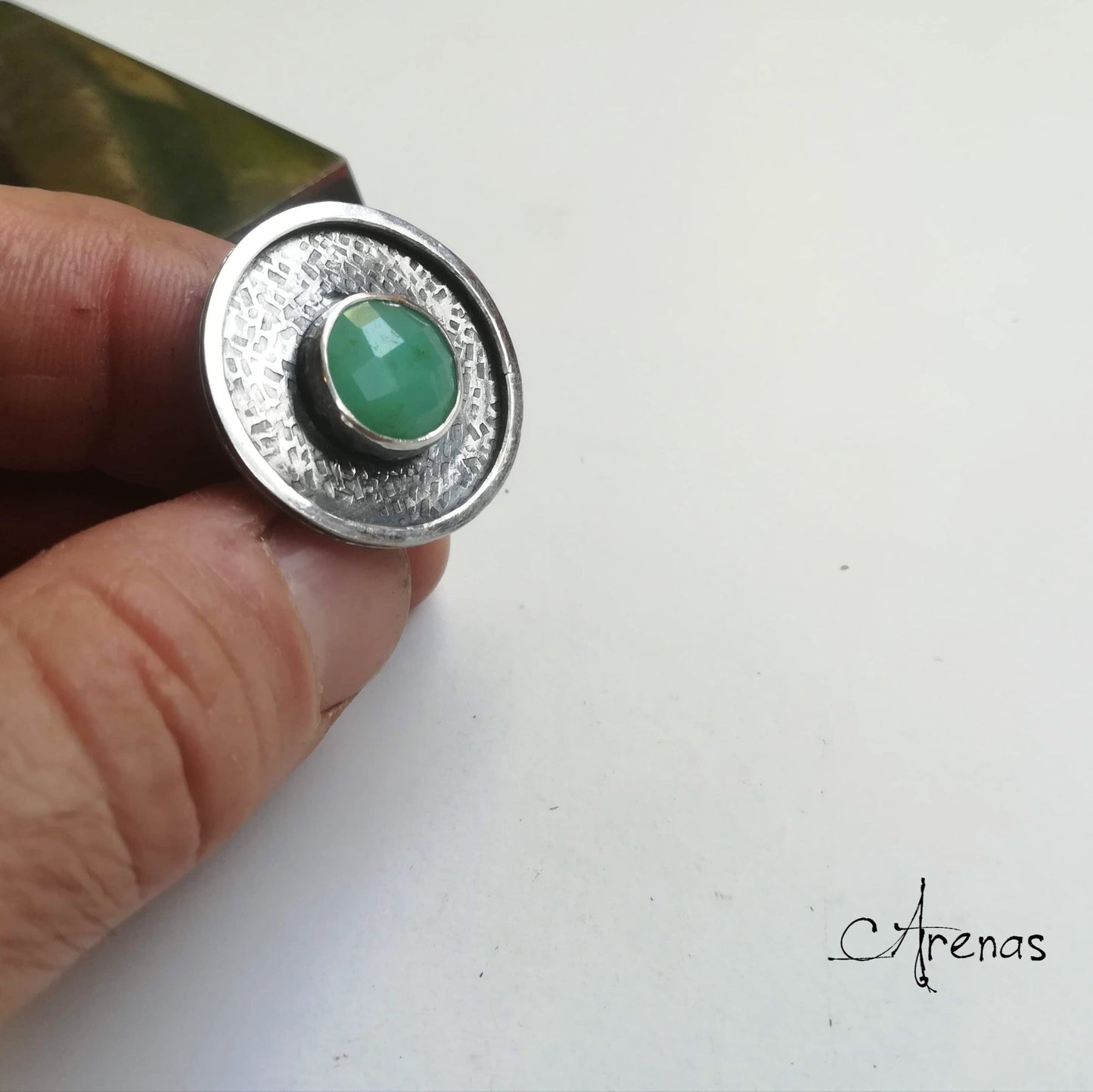 Anillo Grande de Plata de Ley y Gema Crisoprasa nº 15 - ArenasJewelry