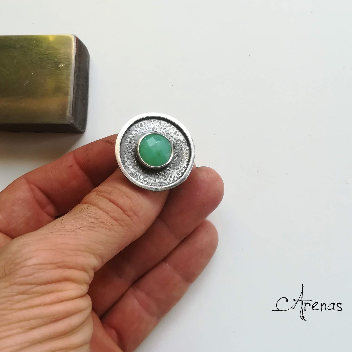 Anillo Grande de Plata de Ley y Gema Crisoprasa nº 15 - ArenasJewelry