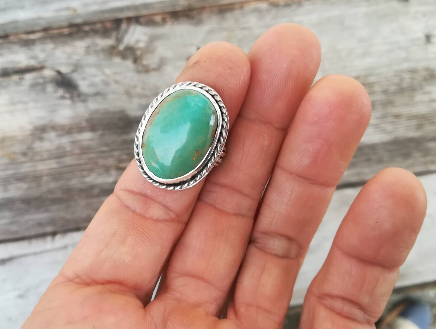 Anillo de Turquesa y Plata de Ley | Hecho a Mano Talla 15 (7 1/4US) - ArenasJewelry