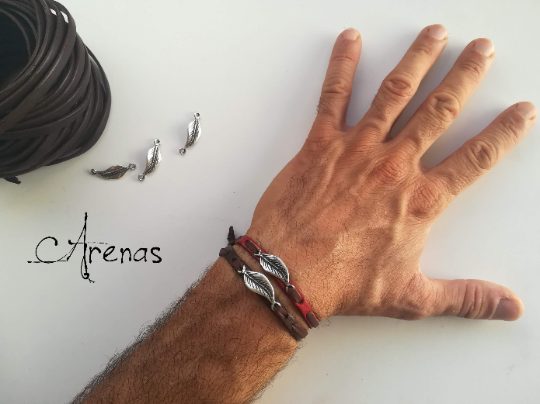 Pulsera de Cuero y hoja en baño de plata - Pulsera para Hombre y Mujer - ArenasJewelry
