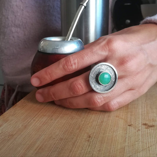 Anillo Grande de Plata de Ley y Gema Crisoprasa nº 15 - ArenasJewelry