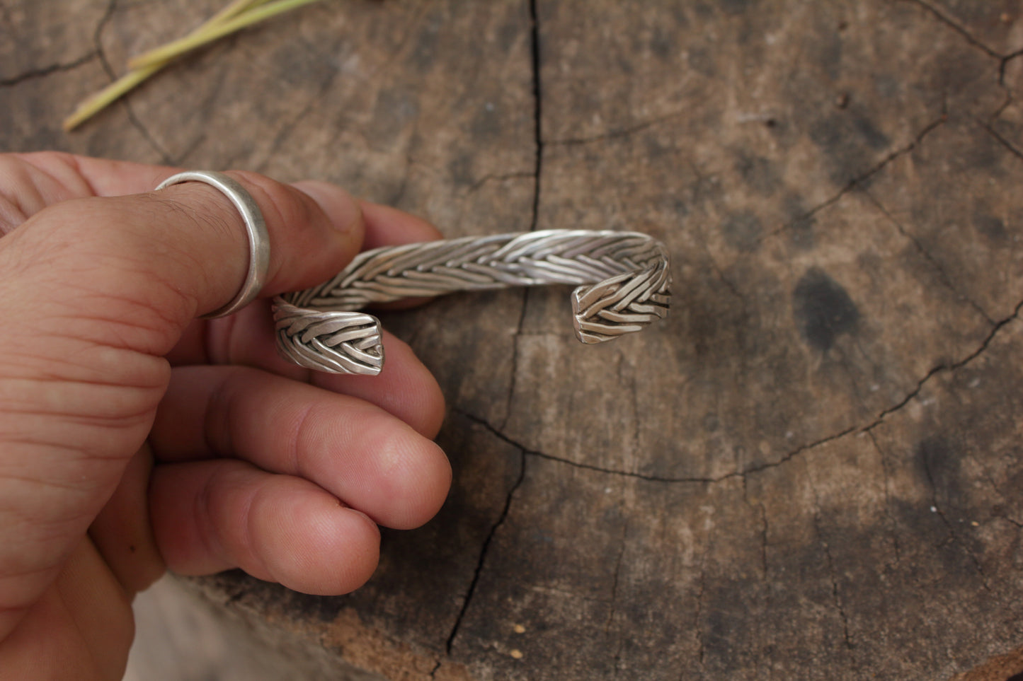 Pulsera rígida hecha a mano, brazalete 10mm de plata trenzado, brazalete, pulsera
