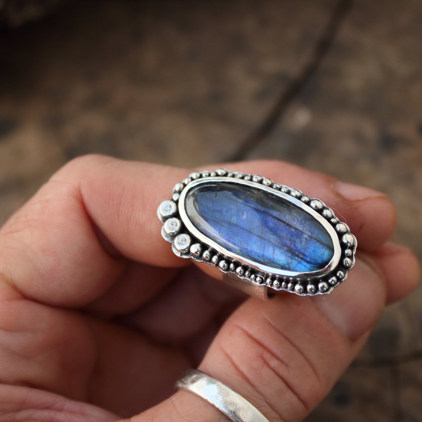 Anillo de Labradorita y  Circonitas en Plata de Ley | Hecho a Mano Talla 17