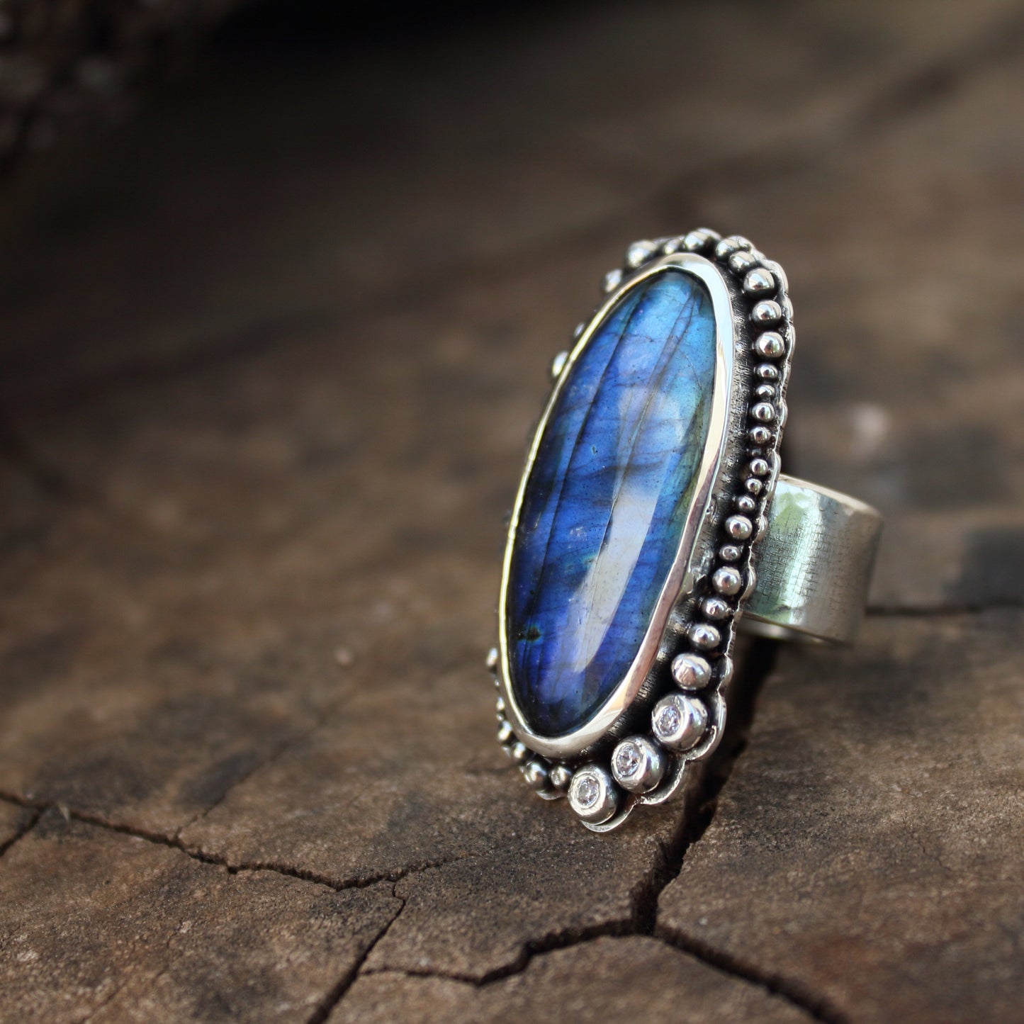 Anillo de Labradorita y  Circonitas en Plata de Ley | Hecho a Mano Talla 17