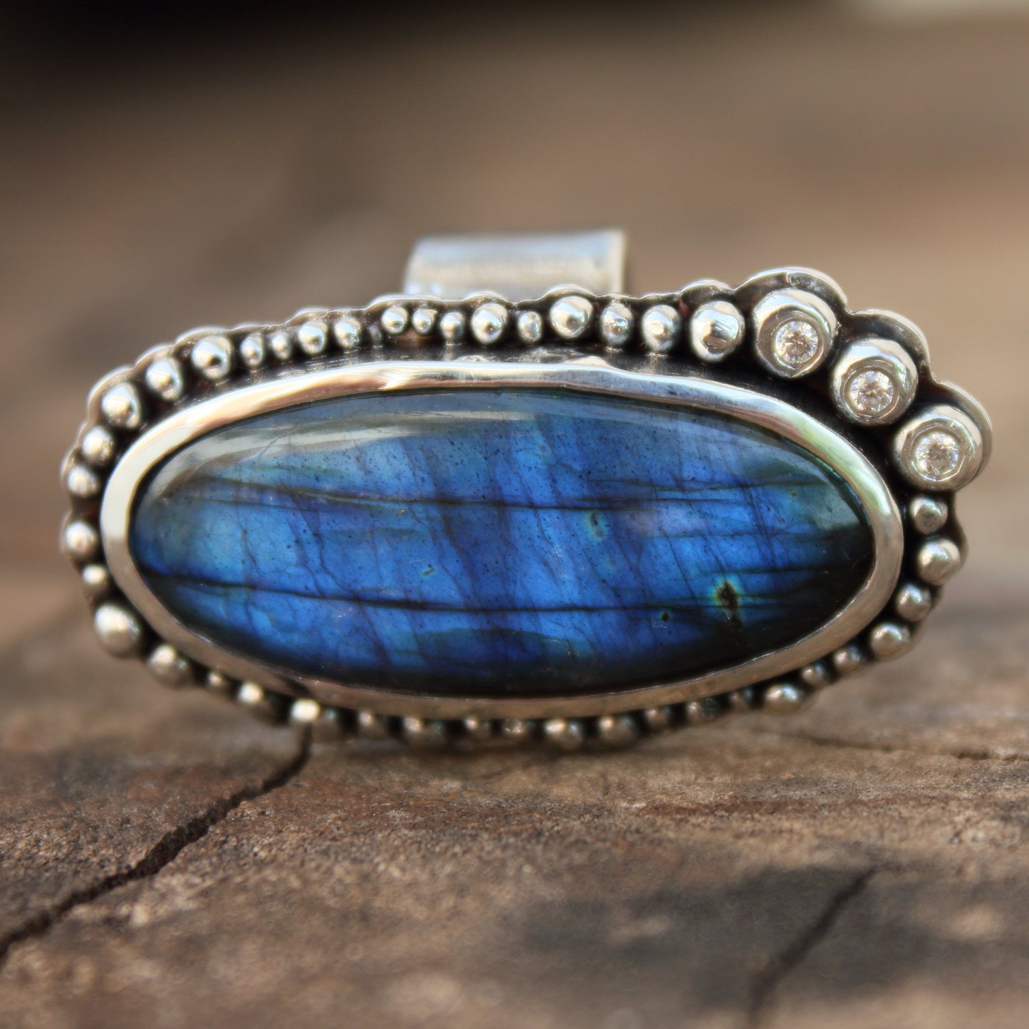 Anillo de Labradorita y  Circonitas en Plata de Ley | Hecho a Mano Talla 17