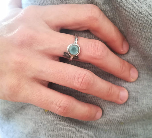 Anillo de Aguamarina y  Plata de Ley | Hecho a Mano Talla 18 (8 1/2US) - ArenasJewelry