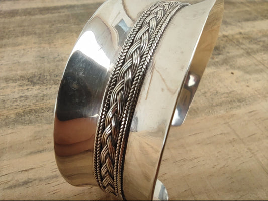 Pulsera Rígida de Plata de Ley con Trenzado decorativo - ArenasJewelry