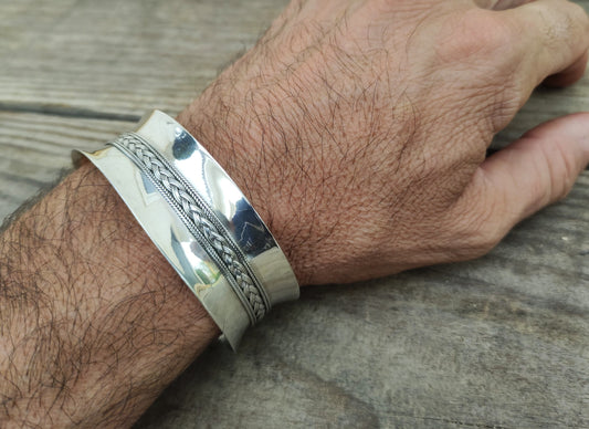Pulsera Rígida de Plata de Ley con Trenzado decorativo - ArenasJewelry